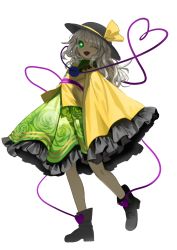 Rule 34 | 1girl, ;d, black footwear, black hat, boots, bright pupils, floral print, frilled shirt collar, frilled skirt, frilled sleeves, frills, full body, green eyes, green skirt, grey hair, hat, hat ribbon, heart, heart of string, highres, komeiji koishi, long sleeves, one eye closed, open mouth, ribbon, rose print, shirt, simple background, skirt, sleeves past fingers, sleeves past wrists, smile, solo, suna (s73d), third eye, touhou, white background, white pupils, wide sleeves, yellow ribbon, yellow shirt