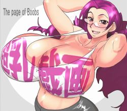 Rule 34 | armpits, arms up, breasts, glasses, huge breasts, purple eyes, purple hair, smile, tamanegiya, the page of boobs