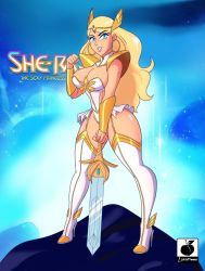 Rule 34 | 1girl, adapted costume, blonde hair, blue eyes, boots, breasts, cleavage, earrings, garter straps, high heel boots, high heels, highres, holding, holding sword, holding weapon, hoop earrings, jewelry, large breasts, leotard, linkartoon, lipstick, long hair, looking at viewer, makeup, masters of the universe, planted, planted sword, planted weapon, she-ra (character) (princesses of power), she-ra and the princesses of power, sword, thigh boots, thighhighs, weapon