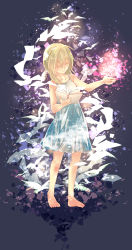 Rule 34 | 1girl, absurdres, bare legs, barefoot, bird, blonde hair, book, dress, closed eyes, highres, kingdom hearts, multicolored background, namine, pages, paper, short hair, sleeveless, solo, white dress