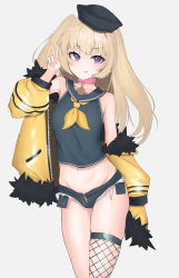 Rule 34 | 1girl, :q, azur lane, bache (azur lane), bare shoulders, black hat, black sailor collar, black shirt, blonde hair, blush, breasts, collar, collarbone, commentary request, cowboy shot, crop top, cutoffs, fishnet thighhighs, fishnets, fur-trimmed jacket, fur trim, grey background, groin, hand up, hat, highres, jacket, long hair, looking at viewer, micro shorts, midriff, navel, neckerchief, off-shoulder jacket, off shoulder, open fly, pink collar, purple eyes, sailor collar, sailor hat, shirt, shorts, sidelocks, simple background, single thighhigh, skindentation, sleeveless, sleeveless shirt, small breasts, smile, solo, standing, thighhighs, tongue, tongue out, two side up, v, xochi (nueeen6978), yellow jacket, yellow neckerchief