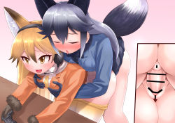 Rule 34 | 1futa, 1girl, animal ears, bar censor, black gloves, blonde hair, blue hair, breast press, breasts, brown eyes, censored, closed eyes, clothes, controller, doggystyle, ezo red fox (kemono friends), futa with female, futanari, game controller, gloves, gradient hair, highres, kemono friends, looking at viewer, medium breasts, multicolored hair, multiple girls, open clothes, open mouth, penis, pussy, ras (ras33635191), sex, sex from behind, silver fox (kemono friends), table, tail, tongue, tongue out, vaginal