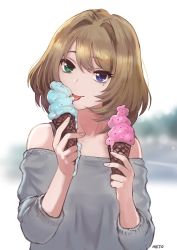 Rule 34 | 10s, 1girl, artist name, bare shoulders, blue eyes, brown hair, commentary request, food, green eyes, heterochromia, ice cream, ice cream cone, idolmaster, idolmaster cinderella girls, licking, looking at viewer, meto31, mole, mole under eye, off-shoulder, off-shoulder sweater, short hair, simple background, sleeves pushed up, solo, sweater, takagaki kaede, upper body
