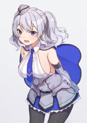 Rule 34 | 1girl, black pantyhose, blue necktie, blue skirt, breasts, collared shirt, colorado (kancolle), colorado (kancolle) (cosplay), cosplay, cowboy shot, garrison cap, gradient background, grey eyes, grey hair, grey hat, hat, kantai collection, kashima (kancolle), large breasts, mitsuyo (mituyo324), necktie, pantyhose, shirt, short hair, skirt, sleeveless, sleeveless shirt, solo, twintails, white shirt