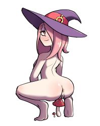 Rule 34 | 1girl, anus, ass, barefoot, blush, breasts, closed mouth, crotch rub, eyes visible through hair, eyeshadow, female focus, from behind, full body, hair over one eye, half-closed eyes, happy, hat, heel up, highres, little witch academia, looking back, makeup, medium breasts, mushroom, nose blush, nude, pink hair, purple eyeshadow, purple hat, pussy, red eyes, shiny skin, simple background, smile, solo, squatting, steecks, sucy manbavaran, uncensored, white background, witch hat