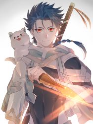 Rule 34 | 1boy, 1other, animal, asymmetrical bangs, asymmetrical clothes, blue hair, bodysuit, bodysuit under clothes, bracelet, braid, braided ponytail, capelet, child, closed mouth, clothing cutout, covered navel, cu chulainn (fate), dagger, dog, earrings, fate/grand order, fate/grand order arcade, fate (series), floating hair, high collar, highres, holding, holding dagger, holding knife, holding weapon, jewelry, knife, long hair, male focus, namahamu (hmhm 81), ponytail, puppy, red eyes, setanta (fate), skin tight, smile, spiked hair, staff, thigh cutout, tongue, tongue out, weapon