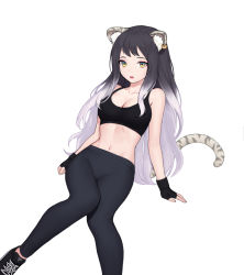 Rule 34 | 1girl, animal ear fluff, animal ears, bare arms, bare shoulders, black footwear, black gloves, black hair, black shirt, breasts, cat ears, cat tail, cleavage, collarbone, ear piercing, fang, fingerless gloves, gloves, gradient hair, highres, invisible chair, large breasts, leggings, long hair, looking at viewer, midriff, multicolored hair, navel, open mouth, piercing, princess connect!, princess connect!, shiori (princess connect!), shirt, shoes, simple background, sitting, siun, sleeveless, sleeveless shirt, sneakers, solo, sports bra, stomach, tail, tiger ears, tiger tail, two-tone hair, very long hair, white background, white hair, yellow eyes