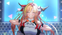 Rule 34 | 1girl, absurdres, ahoge, arm garter, back bow, bare arms, bare shoulders, blonde hair, blurry, blurry background, blush, bow, bow hairband, braid, breasts, closed eyes, commentary request, dragon girl, dragon horns, facing viewer, gloves, grin, hairband, heart, heart hands, highres, hololive, hololive idol uniform, horn ornament, horn ribbon, horns, idol, idol clothes, kiryu coco, large breasts, long hair, multicolored hair, official alternate costume, orange hair, pointy ears, red hairband, red ribbon, ribbon, side braid, sidelocks, single braid, sleeveless, smile, solo, sora shitatoge, sparkle, stage, standing, streaked hair, teeth, upper body, virtual youtuber, white gloves, wrist cuffs