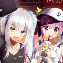 Rule 34 | 2girls, anchor symbol, baseball cap, black shirt, blue eyes, blue hair, blue nails, blush, breasts, brick wall, bubble tea, cellphone, cleavage, clothing cutout, cup, drinking straw, hat, heterochromia, holding, holding cup, hololive, hoppege, jewelry, kagura gumi, kagura mea, long hair, medium breasts, minato aqua, multicolored eyes, multicolored hair, multiple girls, nail polish, necklace, open mouth, phone, purple eyes, purple hair, selfie, shirt, shoulder cutout, silver hair, smartphone, smile, taking picture, twintails, two-tone hair, virtual youtuber, white headwear, white shirt, yellow eyes