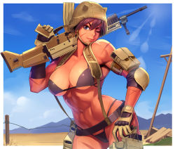 Rule 34 | 1girl, arm pouch, arm strap, assault rifle, bare shoulders, belt, belt pouch, bikini, black belt, black bikini, black gloves, blue eyes, blue sky, border, breasts, brown gloves, brown hat, cleavage, closed mouth, cloud, collarbone, colored skin, commentary request, contrapposto, cowboy shot, day, dessert, elbow gloves, elbow pads, fake horns, fn scar, food, gloves, gun, hair between eyes, hat, highleg, highleg bikini, highres, holding, holding gun, holding weapon, horned headwear, horns, index finger raised, large breasts, lens flare, looking at viewer, mountain, mountainous horizon, navel, ogami, one eye closed, oni, orange skin, original, outdoors, outside border, over shoulder, pouch, power lines, purple hair, rifle, scar, scar on face, short hair, single elbow glove, sky, smile, solo, standing, stomach, strap, string bikini, swimsuit, toned, trigger discipline, weapon, weapon over shoulder, white border, wood