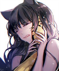 Rule 34 | 2girls, animal ears, bare arms, black hair, blake belladonna, blush, cat ears, cat girl, closed eyes, crying, ecru, faunus (rwby), fingernails, from side, hand on another&#039;s cheek, hand on own cheek, hand on own face, hands up, holding hands, long hair, mechanical arms, multiple girls, parted lips, prosthesis, prosthetic arm, rwby, single mechanical arm, tears, teeth, tongue, upper body, white background, yang xiao long