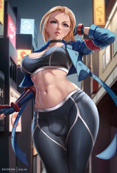 Rule 34 | 1futa, abs, arm behind head, blonde hair, blue eyes, breasts, bulge, cammy white, choker, covered testicles, cowboy shot, crop top, cropped jacket, exlic, facial scar, fingerless gloves, forehead, from below, futanari, gloves, highres, large breasts, linea alba, lips, looking at viewer, medium hair, midriff, mma gloves, navel, nose, pants, scar, scar on cheek, scar on face, short hair, smile, solo, street fighter, street fighter 6, testicles, thigh gap, tight clothes, tight pants