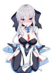 Rule 34 | absurdres, between legs, black bodysuit, black ribbon, blue eyes, blue ribbon, blue trim, blush, bodysuit, boots, breasts, cleavage, fate/grand order, fate (series), food in mouth, grey hair, hair between eyes, hand between legs, high heel boots, high heels, highres, ice choco maker, large breasts, long hair, looking at viewer, morgan le fay (fate), navel, nose blush, own hands together, pocky, pocky day, pocky in mouth, ribbon, seiza, sitting, very long hair, white sleeves