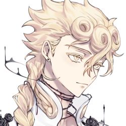 Rule 34 | 1boy, barbed wire, bishounen, black flower, black rose, blonde hair, blood, braid, braided ponytail, closed mouth, earrings, flower, giorno giovanna, gold trim, hair between eyes, hair over shoulder, hair rings, jewelry, jojo no kimyou na bouken, light blush, light smile, long hair, looking ahead, male focus, portrait, rose, shirt, simple background, solo, tiyi (tiyi a09), upper body, vento aureo, white background, white shirt, yellow eyes