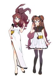 Rule 34 | 2girls, alternate costume, bare arms, black footwear, blue eyes, blush, brown hair, closed mouth, commentary request, creatures (company), curly hair, double bun, dress, eyelashes, game freak, hagetapo, hair bun, hand on own hip, hand up, high ponytail, hilda (pokemon), knees, long hair, multiple girls, nintendo, parted lips, pokemon, pokemon bw, pokemon bw2, rosa (pokemon), shoes, sidelocks, smile, twintails, white dress