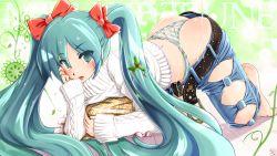 Rule 34 | 1girl, all fours, aqua eyes, aqua hair, ass, bad anatomy, belt, blue barret, blush, denim, downpants, earrings, golden shower, hatsune miku, highres, holly, jeans, jewelry, long hair, panties, pants, solo, striped clothes, striped panties, suggestive fluid, sweater, tongue, twintails, underwear, vocaloid, whale tail (clothing)