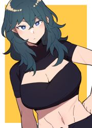 Rule 34 | 1girl, abs, black shirt, blue eyes, blue hair, border, breasts, byleth (female) (fire emblem), byleth (fire emblem), cleavage, cleavage cutout, closed mouth, clothing cutout, commentary request, do m kaeru, female focus, fire emblem, fire emblem: three houses, hair between eyes, hand on own hip, large breasts, long hair, looking at viewer, midriff, navel, nintendo, outside border, shirt, short sleeves, solo, turtleneck, white border, yellow background