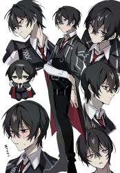 Rule 34 | 1boy, absurdres, black coat, black eyes, black hair, black pants, black vest, blush, chibi, closed mouth, coat, collared shirt, commentary request, frown, highres, limbus company, long sleeves, mu46016419, multiple views, pants, parted lips, project moon, shirt, simple background, sweat, translation request, vest, white background, white shirt, yi sang (project moon)