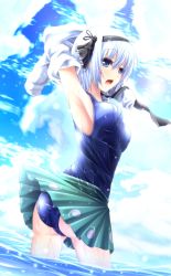 Rule 34 | 1girl, :o, arms up, ass, blue eyes, blush, breasts, cloud, cloudy sky, day, evandragon, from behind, hair ribbon, hairband, highres, konpaku youmu, large breasts, looking at viewer, ocean, one-piece swimsuit, partially submerged, ribbon, school swimsuit, shirt, short hair, silver hair, skirt, skirt set, sky, solo, swimsuit, swimsuit under clothes, touhou, undressing, wading, water, white shirt