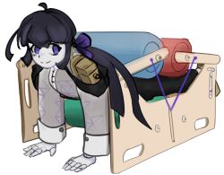 Rule 34 | ahoge, black hair, character request, doll joints, full body, joints, long hair, meme, pale skin, puppet, purple eyes, sensory roller, smile, solo focus, transparent background, virtual youtuber