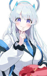 Rule 34 | 1girl, 92abe1, absurdres, blue archive, blue necktie, blush, box, breasts, closed mouth, collared shirt, gift, gift box, grey hair, halo, highres, holding, holding gift, jacket, large breasts, long hair, long sleeves, looking at viewer, mechanical halo, necktie, noa (blue archive), purple eyes, shirt, simple background, smile, solo, two-sided fabric, two-sided jacket, white background, white jacket, white shirt
