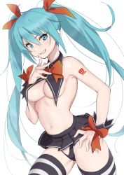 Rule 34 | 1girl, arm tattoo, bare shoulders, blue eyes, blue hair, blush, bow, bowtie, breasts, furuyama itaru, grin, halloween, hand on own hip, hatsune miku, long hair, looking at viewer, medium breasts, navel, pleated skirt, simple background, skirt, smile, solo, striped clothes, striped thighhighs, tattoo, thighhighs, twintails, very long hair, vocaloid, white background