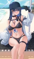 Rule 34 | 1girl, arm up, armband, bare shoulders, baseball cap, beach, beach chair, bikini, black bikini, black choker, black gloves, black hair, black hat, blue archive, blue eyes, blue hair, blue sky, blush, breasts, buckle, chest harness, choker, cleavage, closed mouth, cloud, coat, collarbone, commentary, day, gloves, halo, harness, hat, highres, id card, knife, knife sheath, lanyard, long hair, looking at viewer, medium breasts, mountainous horizon, multi-strapped bikini, multicolored hair, navel, no mask, ocean, off shoulder, outdoors, profile, saori (blue archive), shadow, sheath, sheathed, sitting, sky, snap-fit buckle, solo, stomach, swimsuit, thigh strap, two-tone hair, whistle, whistle around neck, white coat, wireless earphones, yasawa kichi