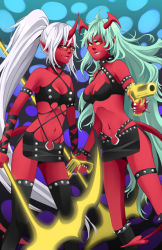 Rule 34 | 10s, colored skin, demon girl, double gold lacytanga, double gold spandex, glasses, gun, horns, kneesocks (psg), panty &amp; stocking with garterbelt, red skin, scanty (psg), scythe, tail, weapon