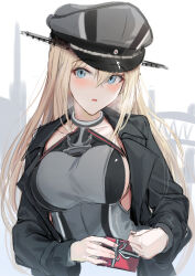 Rule 34 | 1girl, absurdres, bismarck (kancolle), black coat, blonde hair, blue eyes, blush, box, breasts, coat, gift, gift box, grey hat, hair between eyes, hat, highres, holding, holding gift, kantai collection, kokenashi, large breasts, long hair, long sleeves, military, military hat, military uniform, open clothes, open coat, open mouth, peaked cap, solo, uniform, upper body