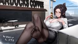 Rule 34 | 1girl, artist name, black hair, black pantyhose, bluecup, breasts, brown eyes, chair, cleavage, collared shirt, commentary, container, dress shirt, english commentary, feet, giant, giantess, hair intakes, highres, large breasts, long hair, long sleeves, looking at viewer, original, outdoors, pantyhose, partially unbuttoned, pencil skirt, shirt, skirt, soles, solo, table, toes, white shirt