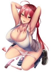 Rule 34 | 1girl, ahoge, anal beads, armpits, arms up, ayakase riberi, blush, breasts, butt plug, cleavage, clothes pull, dildo, full body, hair between eyes, highres, large breasts, long hair, looking at viewer, low twintails, original, panties, panty pull, parted lips, rabbit vibrator, red eyes, red hair, sex toy, skirt, skirt around one leg, skirt pull, sleeveless, sleeveless jacket, smile, solo, twintails, underwear, very long hair, vibrator, white panties