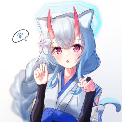 Rule 34 | 1girl, animal ears, blue archive, blue bow, blue bowtie, blue hair, blue halo, blush, bow, bowtie, braid, bush, cat ears, chise (blue archive), commentary, detached sleeves, double-parted bangs, halo, hands up, highres, horns, japanese clothes, kimono, looking at viewer, low twin braids, obi, open mouth, osorii, paw pose, red eyes, red horns, sailor collar, sash, short kimono, sketch background, skin-covered horns, solo, speech bubble, tail, thighs, twin braids, white kimono, white sailor collar, white sleeves, wide sleeves