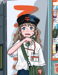 Rule 34 | 1girl, 44gii, absurdres, bag, blue eyes, blush, bottle, brown hair, can, freckles, hand up, hat, highres, lanyard, long hair, looking at viewer, open mouth, original, shirt, shirt tucked in, short sleeves, shoulder bag, solo, upper body, vending machine, white shirt