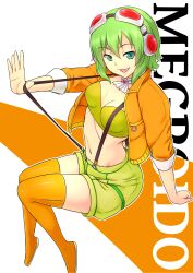 Rule 34 | 1girl, :d, ascot, breasts, cleavage, earphones, full body, goggles, goggles on head, green eyes, green hair, green shorts, gumi, highres, kakone, looking at viewer, medium breasts, navel, open mouth, orange background, orange thighhighs, orange vest, red goggles, short hair, shorts, smile, solo, thighhighs, two-tone background, vest, vocaloid, white ascot, white background