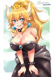 Rule 34 | 1girl, absurdres, armlet, bare shoulders, black collar, black dress, black nails, blonde hair, blue eyes, bowsette, bracelet, breasts, cleavage, collar, crown, dress, earrings, fingernails, grin, hair between eyes, high ponytail, highres, horns, jewelry, large breasts, leaning forward, lips, long hair, looking at viewer, mario (series), nail polish, new super mario bros. u deluxe, nintendo, paid reward available, patreon logo, patreon username, pointy ears, shiny skin, sidelocks, smile, solo, spiked armlet, spiked bracelet, spiked collar, spikes, strapless, strapless dress, sugarbell, very long hair