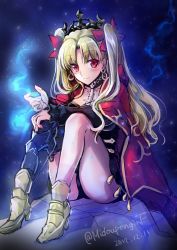 Rule 34 | 1girl, armored boots, asymmetrical legwear, black leotard, black sleeves, black thighhighs, blonde hair, blush, boots, bow, cape, choker, collarbone, diadem, earrings, ereshkigal (fate), fate/grand order, fate (series), full body, hair bow, high heel boots, high heels, highres, jewelry, leotard, long hair, long sleeves, looking at viewer, mintes, red bow, red cape, red eyes, single thighhigh, sitting, smile, solo, thighhighs, twintails, uneven legwear, very long hair