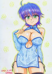 Rule 34 | 1girl, absurdres, artist name, black thighhighs, blue hair, blush, breasts, china dress, chinese clothes, cleavage, dated, dress, gh9000, green eyes, highres, large breasts, looking at viewer, lyrical nanoha, mahou shoujo lyrical nanoha strikers, panties, short hair, side-tie panties, smile, solo, subaru nakajima, thighhighs, underwear