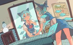 Rule 34 | 1girl, 3735geriragouki, against mirror, arm support, bathroom, blue bow, blue dress, blue eyes, blue hair, blush, bow, calendar (object), cirno, commentary request, cosmetics, cowboy shot, dress, dress shirt, from behind, hair between eyes, hair bow, highres, holding, holding lipstick tube, leaning forward, lipstick tube, looking at mirror, mirror, nervous, pinafore dress, puffy short sleeves, puffy sleeves, lipstick tube, red neckwear, reflection, ribbon, ribbon-trimmed collar, ribbon trim, shirt, short hair, short sleeves, sleeveless dress, snowman, solo, sweatdrop, tile wall, tiles, touhou, white shirt, wing collar, wings