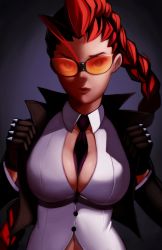 Rule 34 | 1girl, absurdres, ahoge, between breasts, black gloves, breasts, cleavage, crimson viper, gloves, highres, large breasts, lips, long braid, mature female, navel, necktie, necktie between breasts, orange-tinted eyewear, orange-tinted glasses, pompadour, popped collar, red hair, scumworkz, safety glasses, solo, street fighter, street fighter iv (series), sunglasses, tinted eyewear, upper body, yellow-tinted eyewear, yellow-tinted glasses