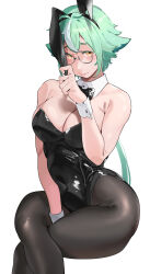 Rule 34 | 1girl, alternate costume, animal ears, bare shoulders, between legs, black bow, black bowtie, black hairband, black leotard, blush, bow, bowtie, breasts, closed mouth, crossed legs, detached collar, fake animal ears, genshin impact, glasses, green hair, hairband, hand between legs, highres, invisible chair, large breasts, leotard, long hair, looking at viewer, low ponytail, multicolored hair, okpriko, pantyhose, rabbit ears, simple background, sitting, solo, streaked hair, sucrose (genshin impact), thighs, white background, wrist cuffs, yellow eyes