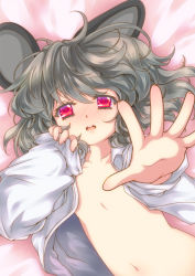 Rule 34 | 1girl, animal ears, blush, female focus, flat chest, from above, iris anemone, looking at viewer, lying, mouse ears, naked shirt, navel, nazrin, on back, open clothes, open shirt, outstretched arm, outstretched hand, pink eyes, reaching, red eyes, shirt, short hair, silver hair, sleeves past wrists, solo, touhou