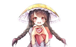 Rule 34 | 1girl, ajirogasa, arms up, blush, braid, brown hair, capelet, commentary request, dress, floating hair, grey dress, hat, heart, heart hands, highres, long hair, long sleeves, looking at viewer, nekomarieru, open mouth, red capelet, red eyes, simple background, sleeves past elbows, solo, standing, teeth, touhou, twin braids, upper body, upper teeth only, very long hair, white background, yatadera narumi