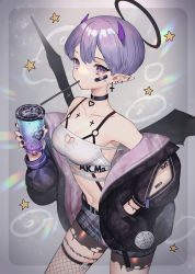 Rule 34 | 1girl, bare shoulders, black choker, black jacket, breasts, choker, cowboy shot, crop top, cup, drinking straw, drinking straw in mouth, ear piercing, fishnet thighhighs, fishnets, grey background, grey skirt, halo, hand in pocket, highres, hitowa, holding, holding cup, jacket, long sleeves, looking at viewer, medium breasts, miniskirt, off shoulder, open clothes, open jacket, original, piercing, pointy ears, purple eyes, purple hair, shirt, short hair, skirt, solo, standing, star (symbol), thighhighs, white shirt, wings