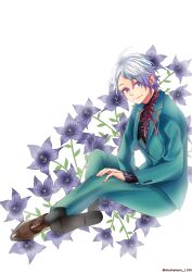 Rule 34 | 1boy, ahoge, ayase koyuki, black shirt, black socks, blue eyes, blue flower, blue hair, blue pants, brown footwear, buttoned cuffs, buttons, chachamaru 1103, colored shoe soles, commentary request, dated commentary, fingernails, floral print, flower, from side, full body, gradient hair, hand on own knee, jacket, kokuhaku jikkou iinkai, lapels, leaf, light blue hair, long sleeves, looking at viewer, male focus, multicolored hair, neck ribbon, pants, partial commentary, print shirt, red ribbon, ribbon, shirt, shoe soles, shoes, short hair, simple background, sitting, sleeves past wrists, smile, socks, solo, suit jacket, twitter username, white background