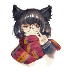 Rule 34 | 1girl, :&gt;, animal ear fluff, animal ears, black hair, blush, bob cut, cat day, cat ears, cat girl, chyko, closed mouth, glasses, highres, long sleeves, looking at viewer, original, rimless eyewear, round eyewear, scarf, short hair, simple background, smile, solo, v, white background