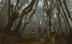 Rule 34 | 4boys, backpack, bag, bare tree, commentary, dark, forest, from behind, male focus, multiple boys, nature, original, plant, scenery, sketch, snatti, tree, cane