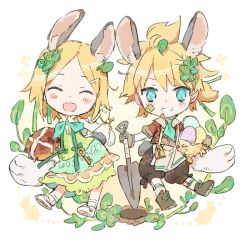 Rule 34 | 1boy, 1girl, animal ears, aqua eyes, blonde hair, blush stickers, boots, bow, bread, brother and sister, chibi, closed eyes, clover hair ornament, commentary, easter, easter egg, egg, facing viewer, food, grin, hair bow, hair ornament, holding, holding food, holding shovel, hole, kagamine len, kagamine rin, kinugasa moduru, looking at viewer, open mouth, rabbit ears, rabbit tail, short hair, short ponytail, shovel, siblings, smile, spiked hair, swept bangs, tail, twins, vocaloid