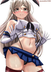 Rule 34 | 1girl, absurdres, black hairband, black neckerchief, black panties, blue sailor collar, blue skirt, breasts, brown eyes, commentary request, conte di cavour (kancolle), cosplay, crop top, elbow gloves, gloves, hairband, highleg, highleg panties, highres, kantai collection, large breasts, long hair, looking at viewer, microskirt, miniskirt, mizuki (uzuki no sato), neckerchief, one-hour drawing challenge, panties, panty pull, pleated skirt, sailor collar, shimakaze (kancolle), shimakaze (kancolle) (cosplay), shirt, skirt, sleeveless, sleeveless shirt, solo, striped clothes, striped thighhighs, thighhighs, two side up, underwear, wedgie, white gloves