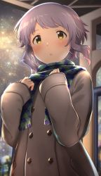 Rule 34 | 1girl, absurdres, blush, breath, bridge, brown coat, buttons, checkered clothes, checkered scarf, coat, commentary, green scarf, hands on own chest, hands up, highres, homco, idolmaster, idolmaster million live!, long sleeves, looking away, makabe mizuki, night, night sky, open mouth, pocket, purple hair, scarf, short hair, sidelocks, sky, solo, star (sky), starry sky, under bridge, upper body, wavy hair, yellow eyes