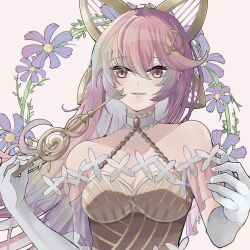 Rule 34 | 1girl, bare shoulders, conductor baton, breasts, cleavage, dosolfachord coolia, duel monster, elbow gloves, flower, gloves, gradient hair, gransolfachord coolia, hair between eyes, hair ornament, halterneck, hands up, highres, holding, medium breasts, multicolored hair, parted lips, pink hair, solo, tamatarou, white gloves, yu-gi-oh!